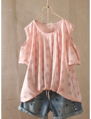 Casual Polka Dots Print Off Shoulder Short Sleeve T-Shirt