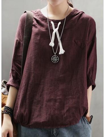 Casual Hoodies Pure Color 3/4 Sleeve O-neck Maxi Women T-shirt
