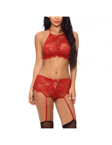 Sexy Lace Halter Bra and Panty Set Strappy Garters Bodysuit