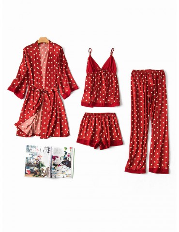 Casual Pajamas Silk Polka Dot Four Pieces Sleepwear