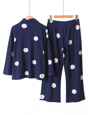 Plus Size Cotton Pajamas Long Sets For Women Polka Dot Loose Casual Sleepwear