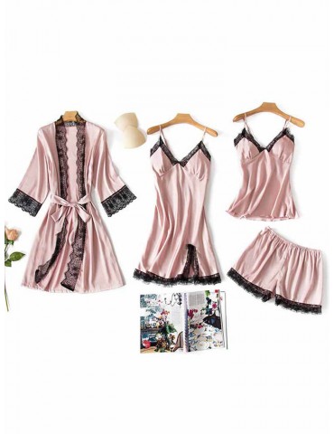 Home Sleepwear Silk Lace Patchwork Four Pieces Pajamas