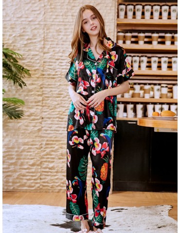 Home Pajamas Silk Floral Button short Sleeves Sleepwear Suits