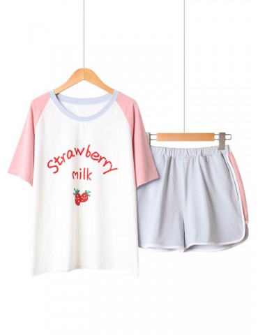 Cotton Cute Women Pajamas Short Sets Printed Letters Casual Sleepwear