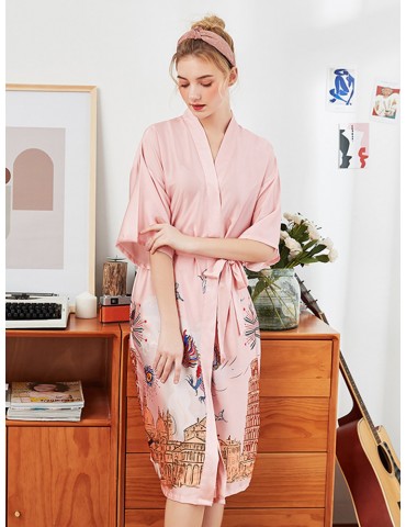 Plus Size Home Pajamas Animal Print Silk Mid-Calf Belt Loose Robe Sleepwear