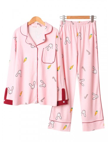 Cotton Cute Pajamas For Women Rabbit Carrot Print Sleepwear Casual Long Sets