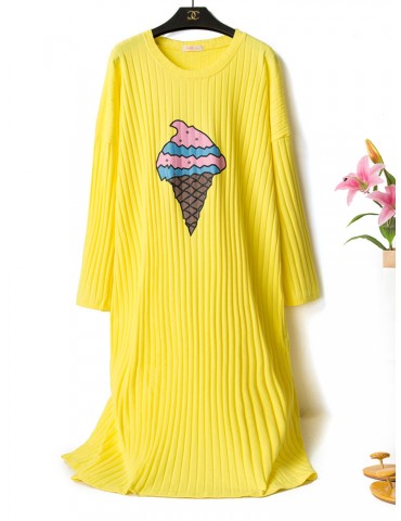 Plus Size Cotton Pajamas Cartoon Print Striped Long Sleepwear Nightdress