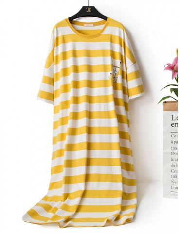 Plus Size Casual Pajamas Cotton Breathable Striped Print Long Loose Sleepwear