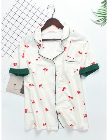 Women Cotton Pajamas Short Sets Cherry Print Cute Sleepwear