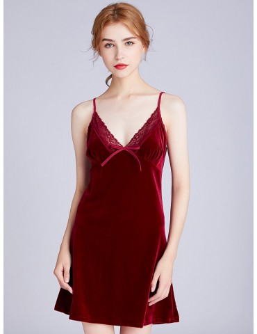 Velvet Long Sleeves Red Robe With Sling Lace Patchwork Soft Pajamas Two Pieces