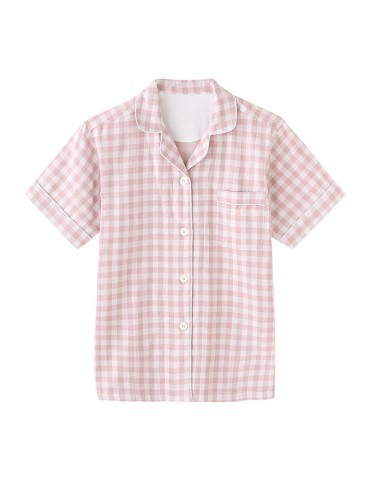 Linen Women Pajamas Sets Cotton Plaid Pink Casual Short Sleeves Sleepwear