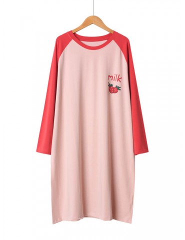 Plus Size Pajamas For Women Strawberry Print Cotton Long Sleeves T-Shirt Nightdress
