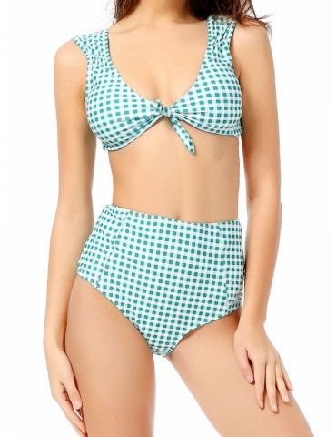 Plaid Deep V High Waist Bikini Sets Swimsuit Swimwear For Women