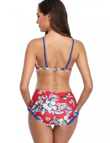 Women Swimwear Floral Triangle Deep V Edge Patchwork Backless Sexy Bikinis One Piece