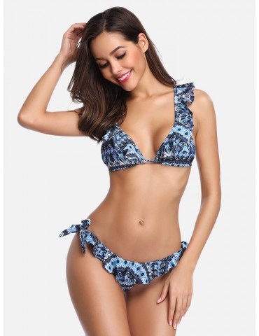 Sexy Floral Print Ruffle Bandage Backless Bikinis