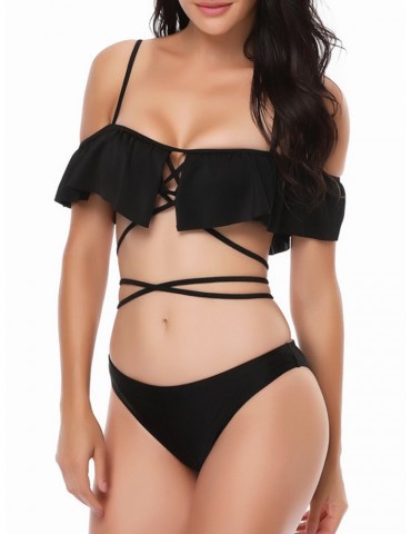 Lacing Ruffle Criss Cross Sexy Bikini Sets Swimsuit Swimwear For Women