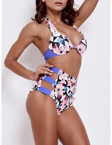 Sexy Swimwear Halter High Waist Floral Triangle Drawstring Bikinis For Women