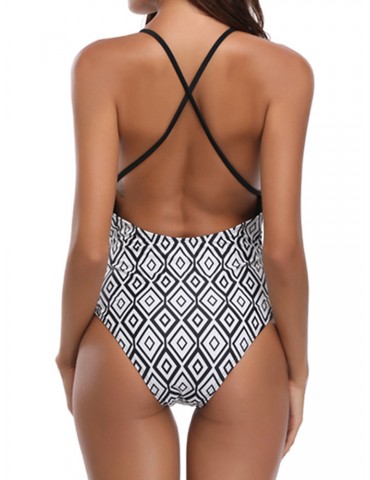 Printed Rhombus Plaid Bandage Scoop Back Hollow Sexy Monokinis Swimwear For Women