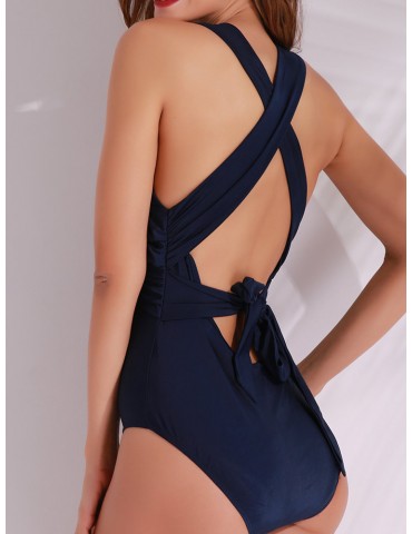 Sexy Criss-cross Back Plunge Pure Color One Piece Swimsuit For Women
