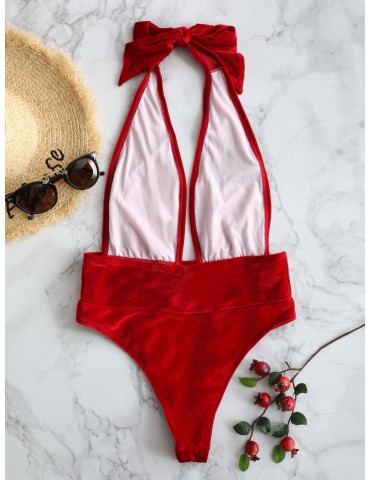 Halter Plunge Sexy Shape One Piece Backless Solid Color Women Swimwear