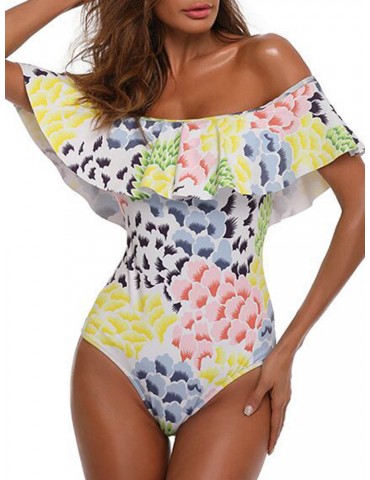 Floral Printed Lotus Leaf Word Shoulder One Piece Swimwear Swimsuit For Women