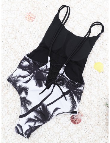 Leaves Printed Backless Sliming One Piece Swimwear For Women