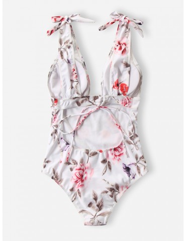 Floral Sexy Shape One Piece Snake Skin Print Plunge String Straps Women Swimwear