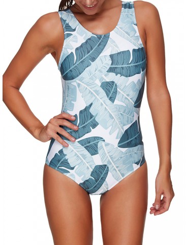 Plus Size Leaves Printed U Neck Vest Scoop Back Sexy Monokini Swimsuits For Women