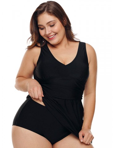 Plus Size Women Swimsuits Swimdresses Irregular Cover Belly Black Beachwear