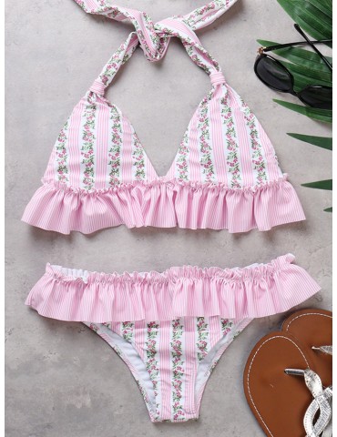 Plus Size Sexy Flounce Printed Halter String Backless Bikinis Swimsuits For Women