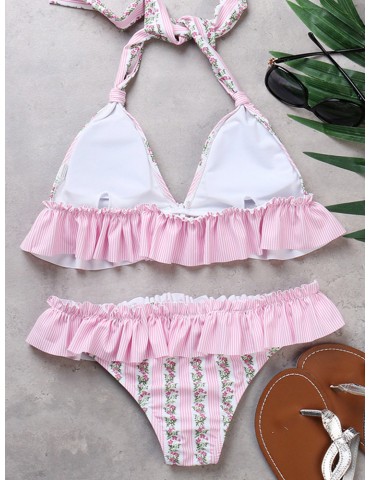 Plus Size Sexy Flounce Printed Halter String Backless Bikinis Swimsuits For Women