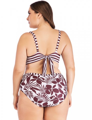 Plus Size Front Twisted Floral High Waist Printed Backless Sexy Bikinis Swimsuits For Women
