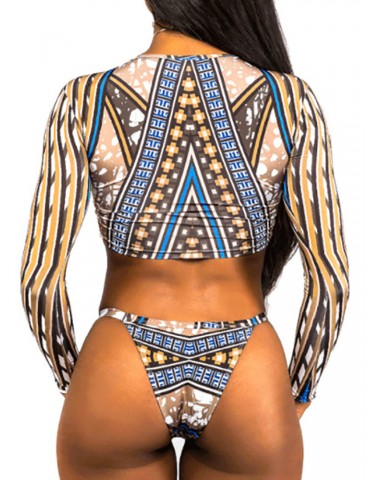 Printed Round Neck Long Sleeve Thong Panties Swimsuit