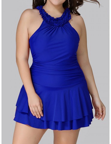 Plus Size Ruffled High Neck Backless Elegant Cupcake Swimdresses For Women