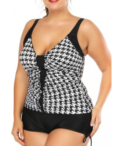 Plus Size Printed Patchwork Ruffled Vest Tankinis Swimsuits For Women