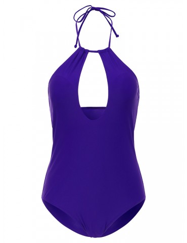 Deep U Halter Elastic Backless Solid Color One Piece Swimwear