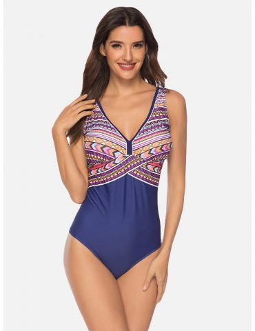 Plus Size Print V Neck Patchwork Backless Slimming One Piece Swimwear