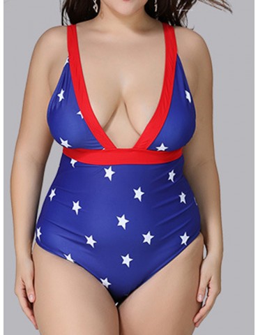 Plus Size Women Sexy Stars Printed Two-Ways Wearing Patchwork Backless Monokini Swimsuits