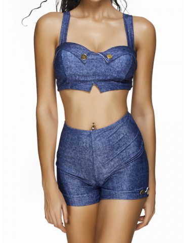 Jean Printed Button Super Elastic Tankini Set Swimsuit