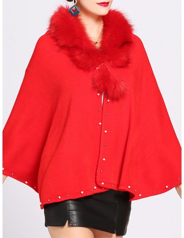 Women Casual Solid Color Fur Collar Cloak Coats