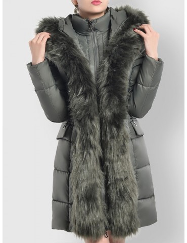 Faux Fur Hooded Zipper Up Down Coat