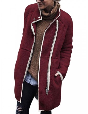 Solid Color Stand Collar Long Sleeve Loose Coat For Women