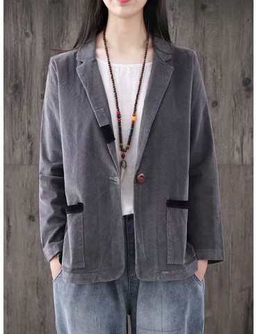 Literary Turn-down Collar Double Pocket Thin Coat