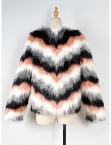 Faux Fur Stripe Long Sleeve Autumn Winter Short Coat