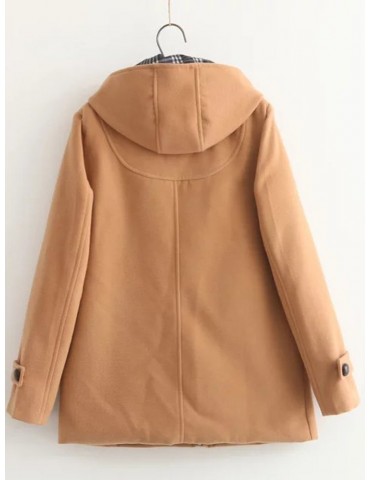 Horn Button Solid Color Hooded Long Sleeve Casual Coat