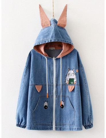 Cartoon Embroidered Ears Hooded Denim Jacket
