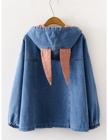 Cartoon Embroidered Ears Hooded Denim Jacket