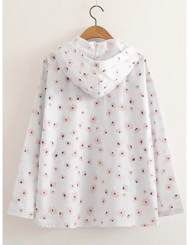 Asymmetrical Floral Print Hooded Long Sleeve Casual Coats