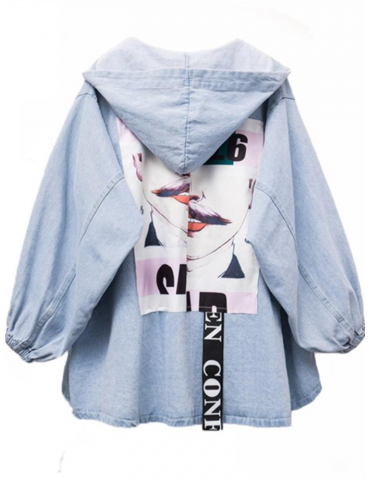Letter Printed Loose Hooded Jeans Coat