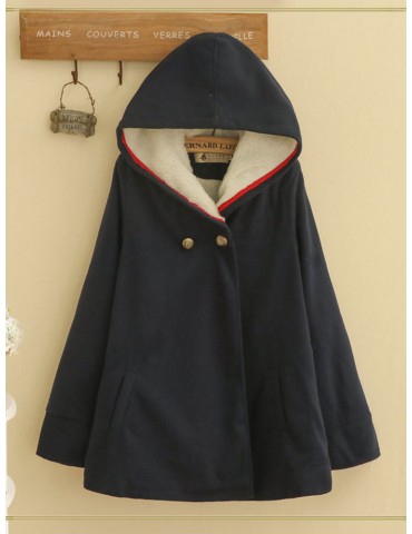 Thick Solid Color Hooded Long Sleeve Cape Coat